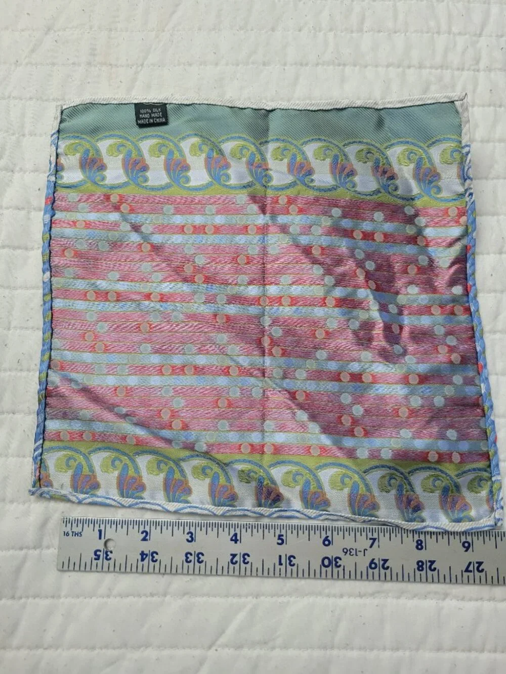 Silk Pocket Square Scarf Blue Polka Dot Paisley Scroll Border Bag Accessory 10in